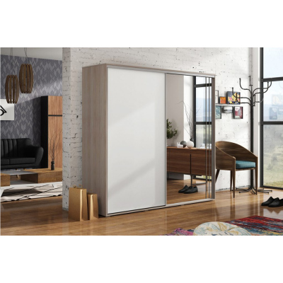 Prostorná šatní skříň se zrcadlem 125/245 HUGO - dub sonoma / bílá