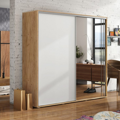 Prostorná šatní skříň se zrcadlem 230/215 HUGO - dub craft zlatý / bílá