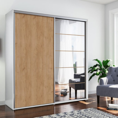 Prostorná zrcadlová šatní skříň 230/215 JACOBO - bílá / dub craft zlatý