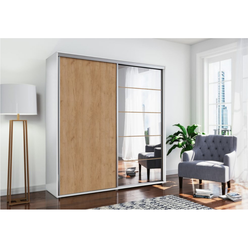 Prostorná zrcadlová šatní skříň 230/215 JACOBO - bílá / dub craft zlatý