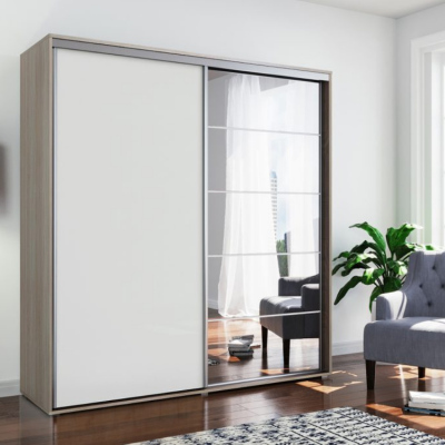 Prostorná zrcadlová šatní skříň 100/215 JACOBO - dub sonoma / bílá