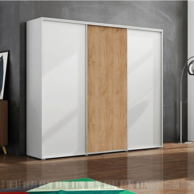 Třídveřová šatní skříň 278 cm LEO - bílá / dub craft zlatý