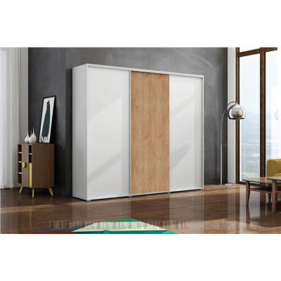 Třídveřová šatní skříň 278 cm LEO - bílá / dub craft zlatý
