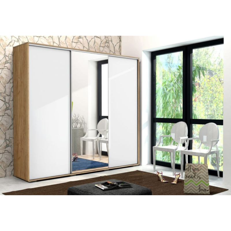 Prostorná třídveřová šatní skříň 250 cm LEONARDO - dub craft zlatý / bílá