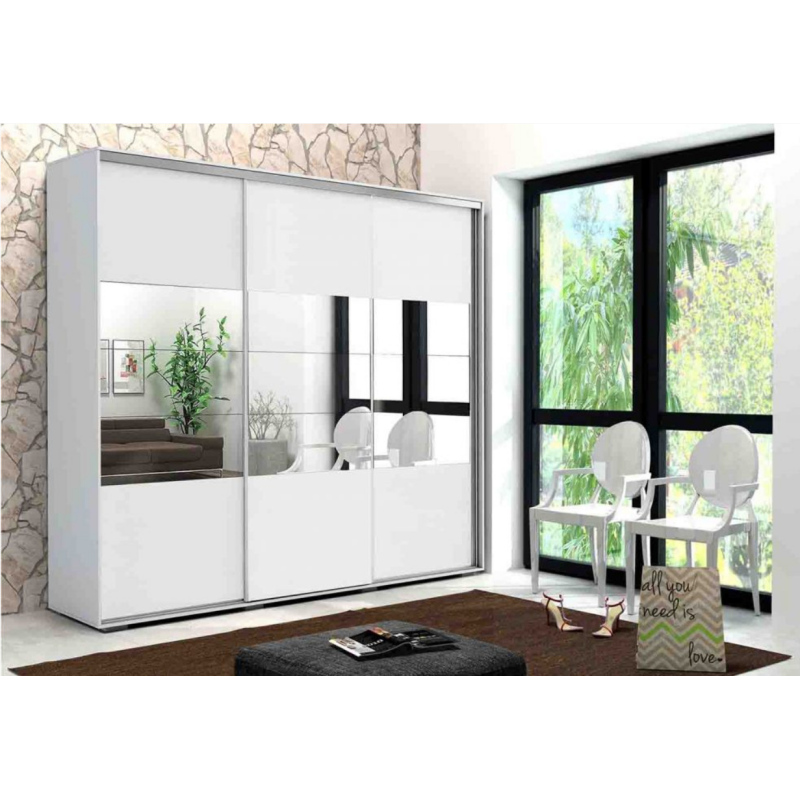Třídveřová šatní skříň se zrcadlem 250 cm LUCA - bílá