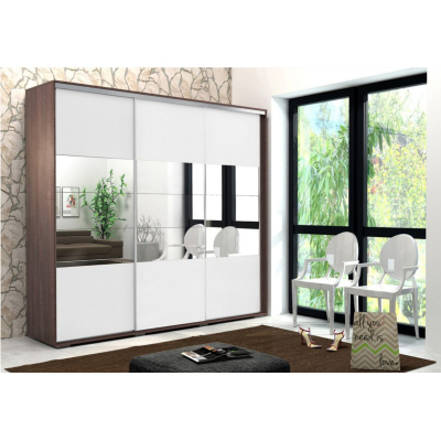 Třídveřová šatní skříň se zrcadlem 278 cm LUCA - čokoláda / bílá