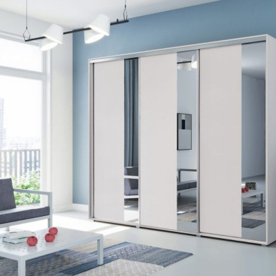 Třídveřová zrcadlová šatní skříň 278 cm MARCO - bílá