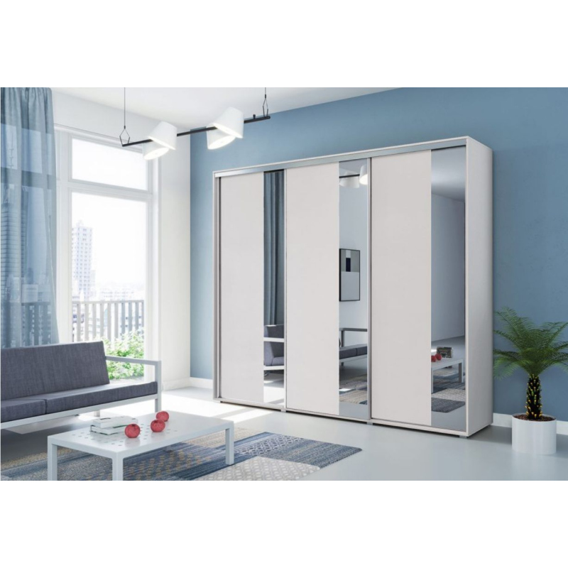 Třídveřová zrcadlová šatní skříň 278 cm MARCO - bílá