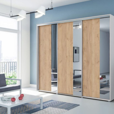 Třídveřová zrcadlová šatní skříň 278 cm MARCO - bílá / dub craft zlatý