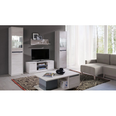Televizní stolek s poličkou DOON - dub bílý / černý lesk