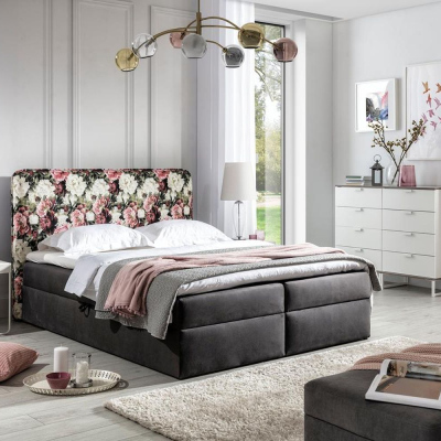 Čalouněná postel 120x200 DEA - květy / černá + topper ZDARMA