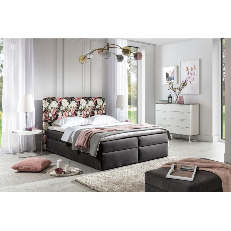 Čalouněná postel 140x200 DEA - květy / černá + topper ZDARMA