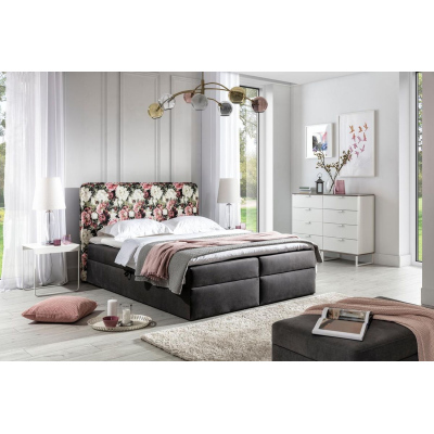 Čalouněná postel 160x200 DEA - květy / černá + topper ZDARMA