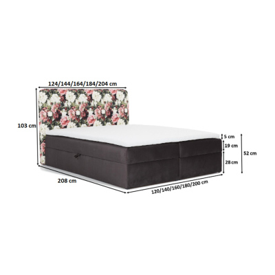 Čalouněná postel 200x200 DEA - květy / černá + topper ZDARMA