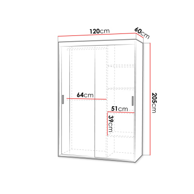 Šatní skříň 120 cm s posuvnými dveřmi a zrcadlem ZITA - bílá