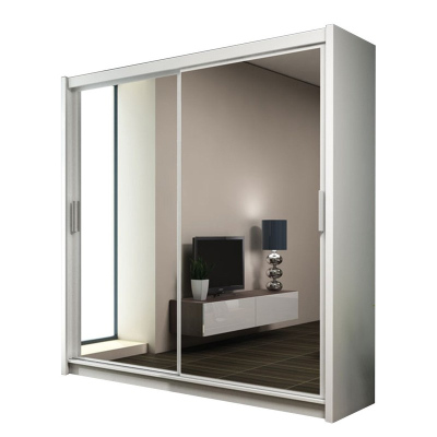 Šatní skříň 203 cm s posuvnými dveřmi a zrcadlem ORIA - bílá