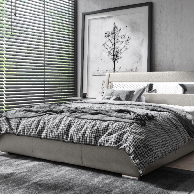 Čalouněná postel s úložným prostorem a osvětlením 160x200 LEXI - šedá eko kůže