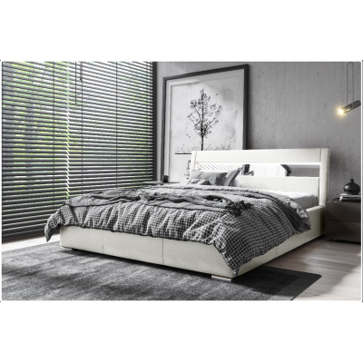 Čalouněná postel s úložným prostorem a osvětlením 180x200 LEXI - bílá eko kůže