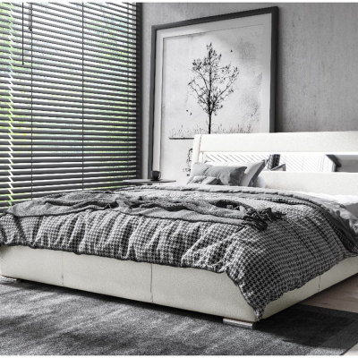 Čalouněná postel s úložným prostorem a osvětlením 200x200 LEXI - bílá eko kůže