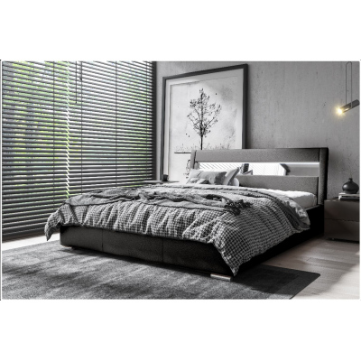 Čalouněná postel s úložným prostorem a osvětlením 200x200 LEXI - černá eko kůže