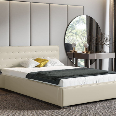 Moderní čalouněná postel s úložným prostorem 140x200 BERGEN - béžová eko kůže