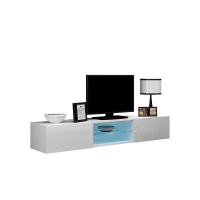 Televizní stolek se skleněnou poličkou a LED osvětlením ASHTON 180 - lesklý bílý