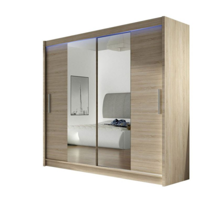 Šatní skříň 180 cm se zrcadlem a LED osvětlením FLORENCIO 2 - dub sonoma