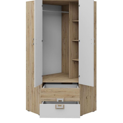 Rohová šatní skříň 87 cm BEATRIZ 2 - bílá / dub