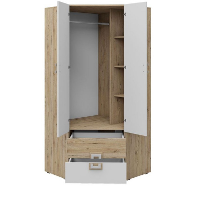 Rohová šatní skříň 87 cm BEATRIZ 2 - bílá / dub