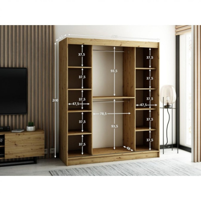 Praktická šatní skříň LENOX 1 180 - dub artisan / černá