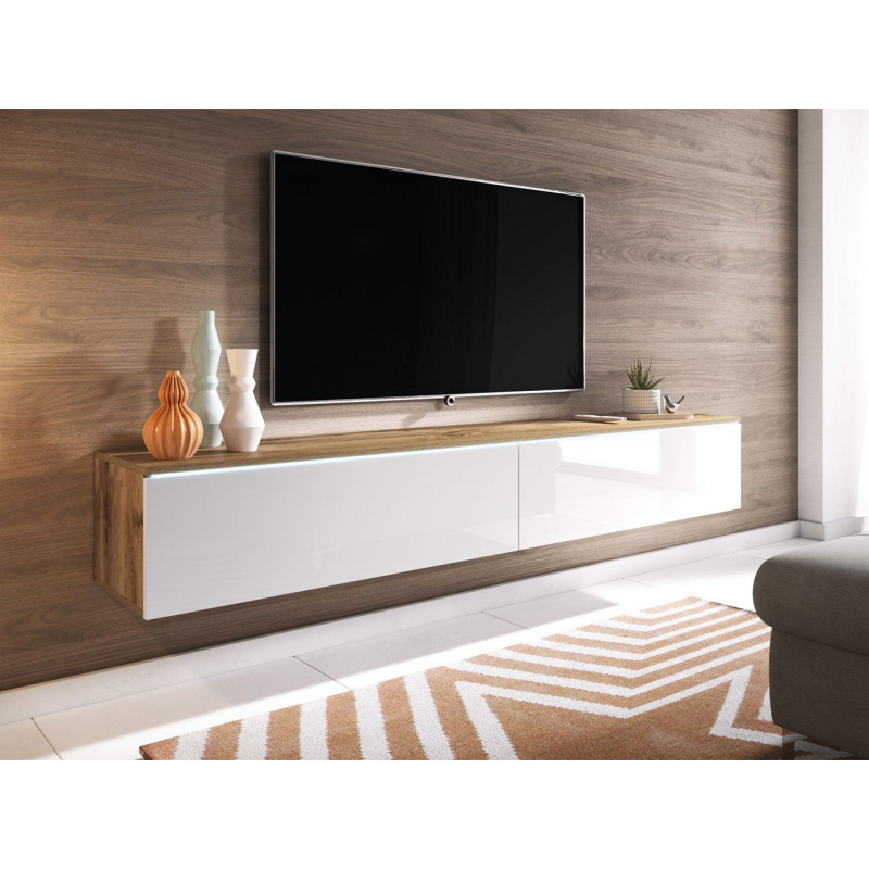 Televizní skříňka s LED osvětlením 180 cm WILLA D - dub wotan / lesklá bílá
