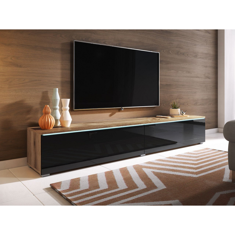 Televizní skříňka s LED osvětlením 180 cm WILLA D - dub wotan / lesklá černá