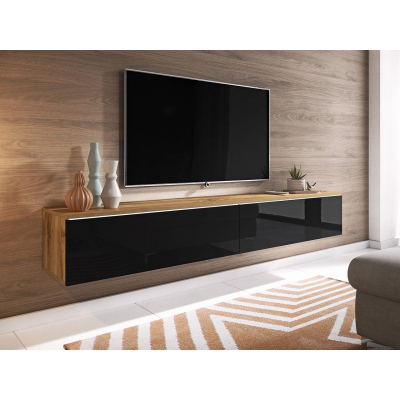 Televizní skříňka s LED osvětlením 180 cm WILLA D - dub wotan / lesklá černá