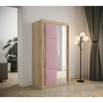 Šatní skříň s posuvnými dveřmi 100 cm TALIA - dub sonoma / růžová
