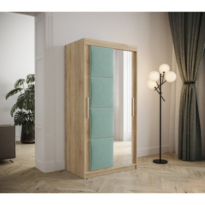 Šatní skříň s posuvnými dveřmi 100 cm TALIA - dub sonoma / tyrkysová
