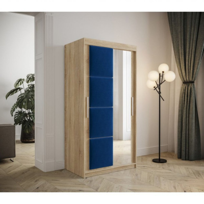 Šatní skříň s posuvnými dveřmi 100 cm TALIA - dub sonoma / modrá