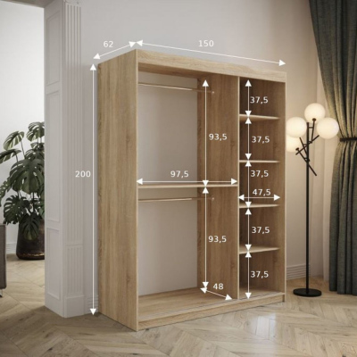 Šatní skříň s posuvnými dveřmi 150 cm TALIA - dub sonoma / tyrkysová