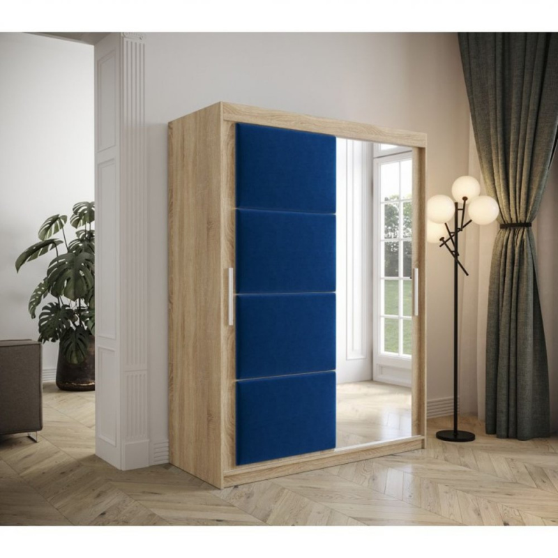 Šatní skříň s posuvnými dveřmi 150 cm TALIA - dub sonoma / modrá