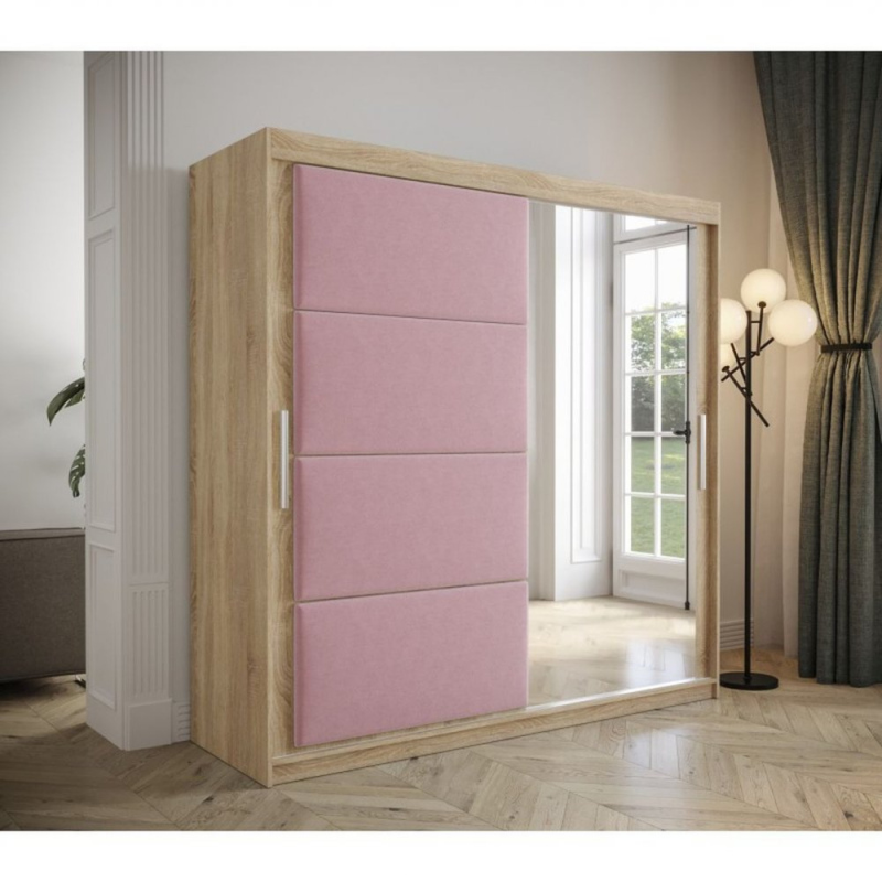 Šatní skříň s posuvnými dveřmi 200 cm TALIA - dub sonoma / růžová