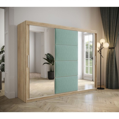 Šatní skříň s posuvnými dveřmi 250 cm TALIA - dub sonoma / tyrkysová