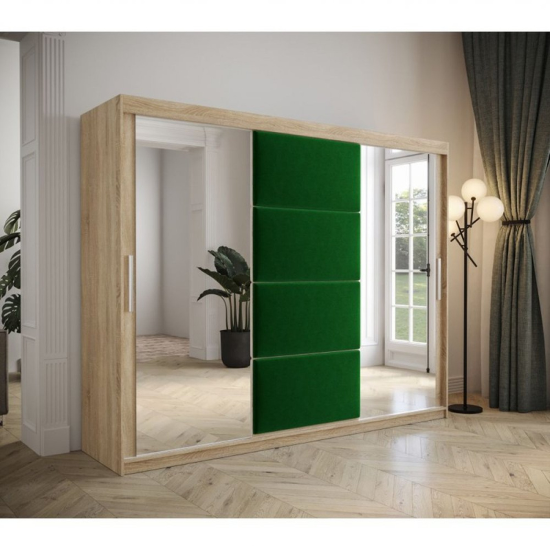 Šatní skříň s posuvnými dveřmi 250 cm TALIA - dub sonoma / zelená