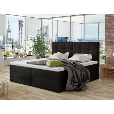 Boxpringová manželská postel 180x200 CLARA - černá ekokůže + topper ZDARMA