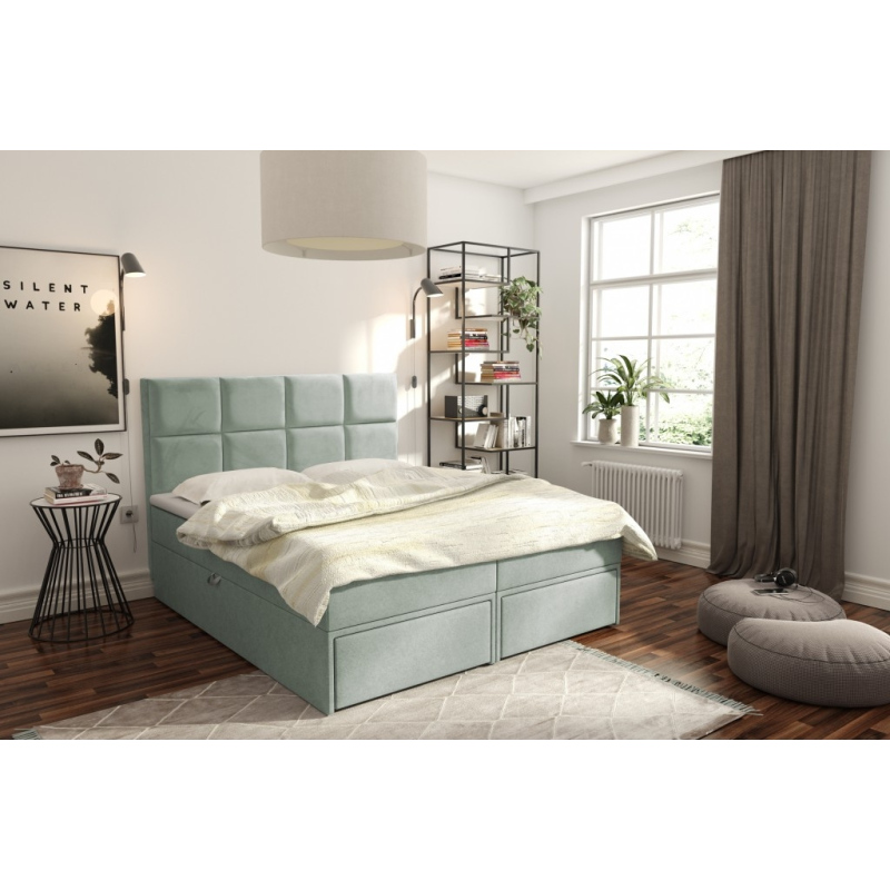 Čalouněná postel s úložným prostorem a šuplíky 140x200 GARIK - světle zelená