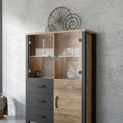 Třídveřová vitrína s šuplíky OKAL - appenzeller / černá