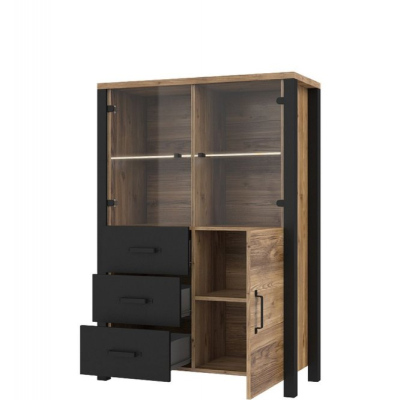 Třídveřová vitrína s šuplíky OKAL - appenzeller / černá