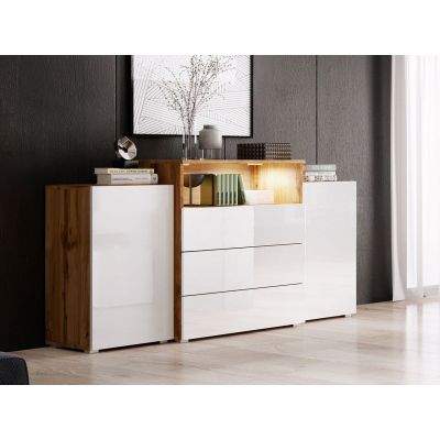 Kombinovaná komoda ZORINA - dub wotan / lesklá bílá