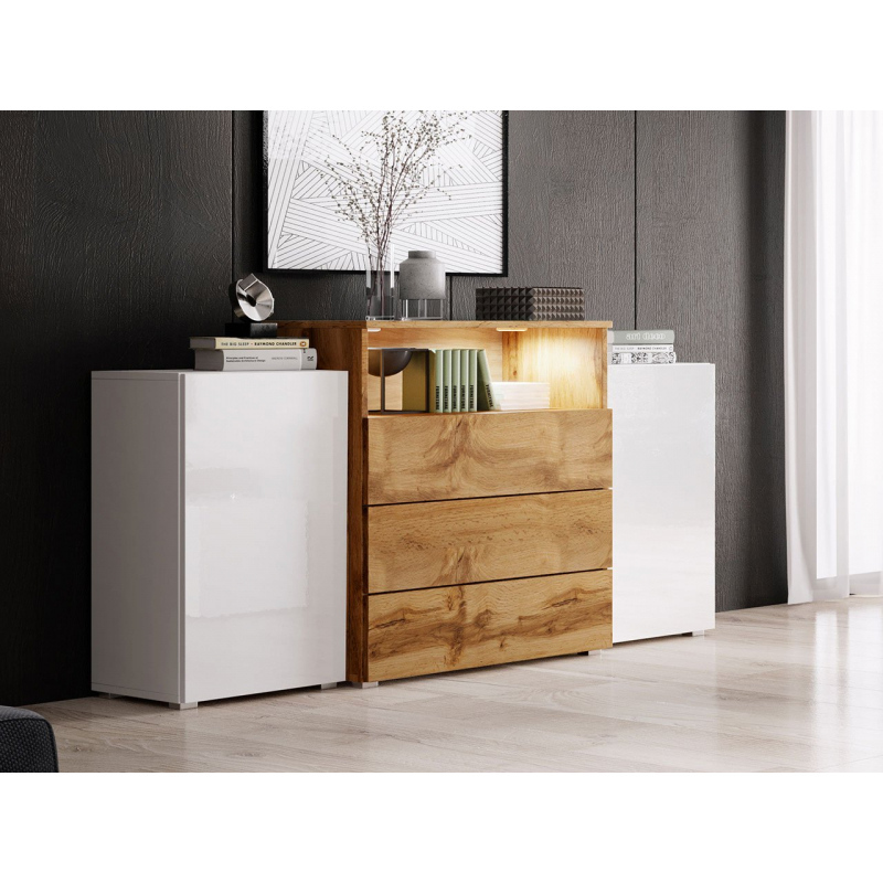 Kombinovaná komoda s LED osvětlením ZORINA - dub wotan / bílá