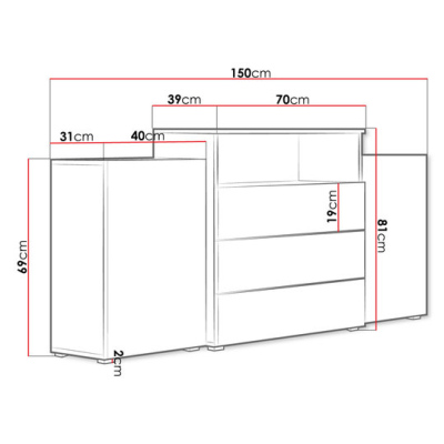 Kombinovaná komoda ZORINA - dub wotan / lesklá bílá