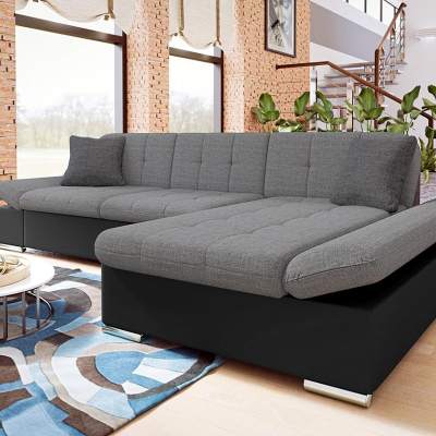 Rohová sedačka s úložným prostorem MARLA - černá ekokůže / tmavá šedá, pravý roh