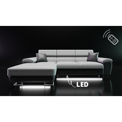 Rozkládací sedačka s úložným prostorem a LED podsvícením SAN DIEGO MINI - bílá ekokůže / šedá, levý roh